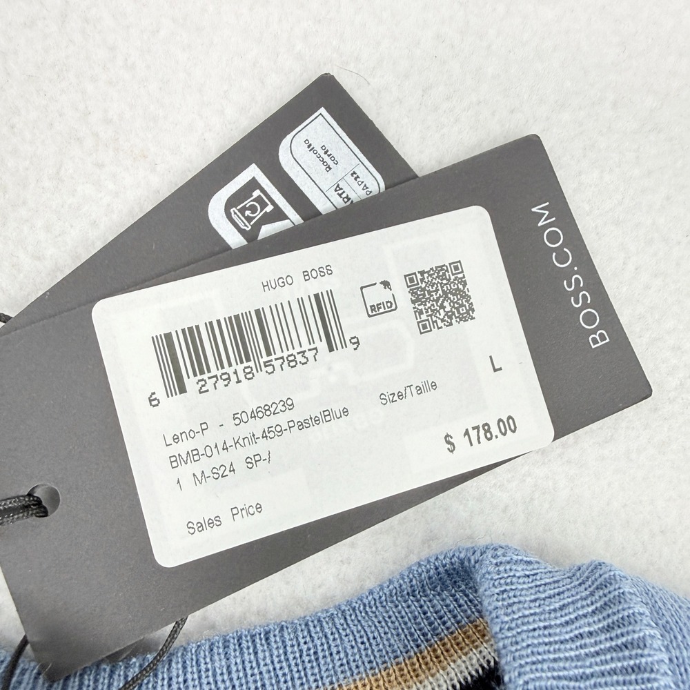 Boss Leno P Virgin Italian Wool Crewneck Sweater L Mens Pastel Blue Light NWT - Picture 6 of 9